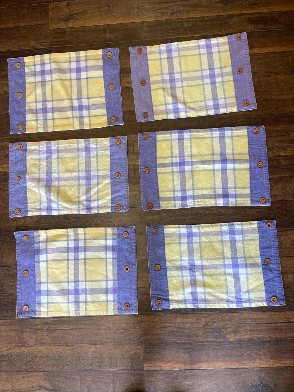 Set of 6 Lavender & Yellow Plaid Placemats with Wood Buttons, Preppy, Linens